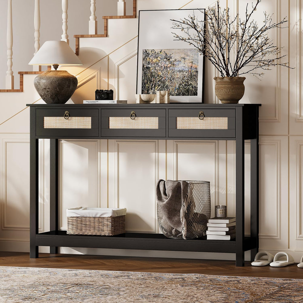 LAZZO 47.3" Rattan Console Table Narrow Entryway Sofa Table with 3 Drawe...