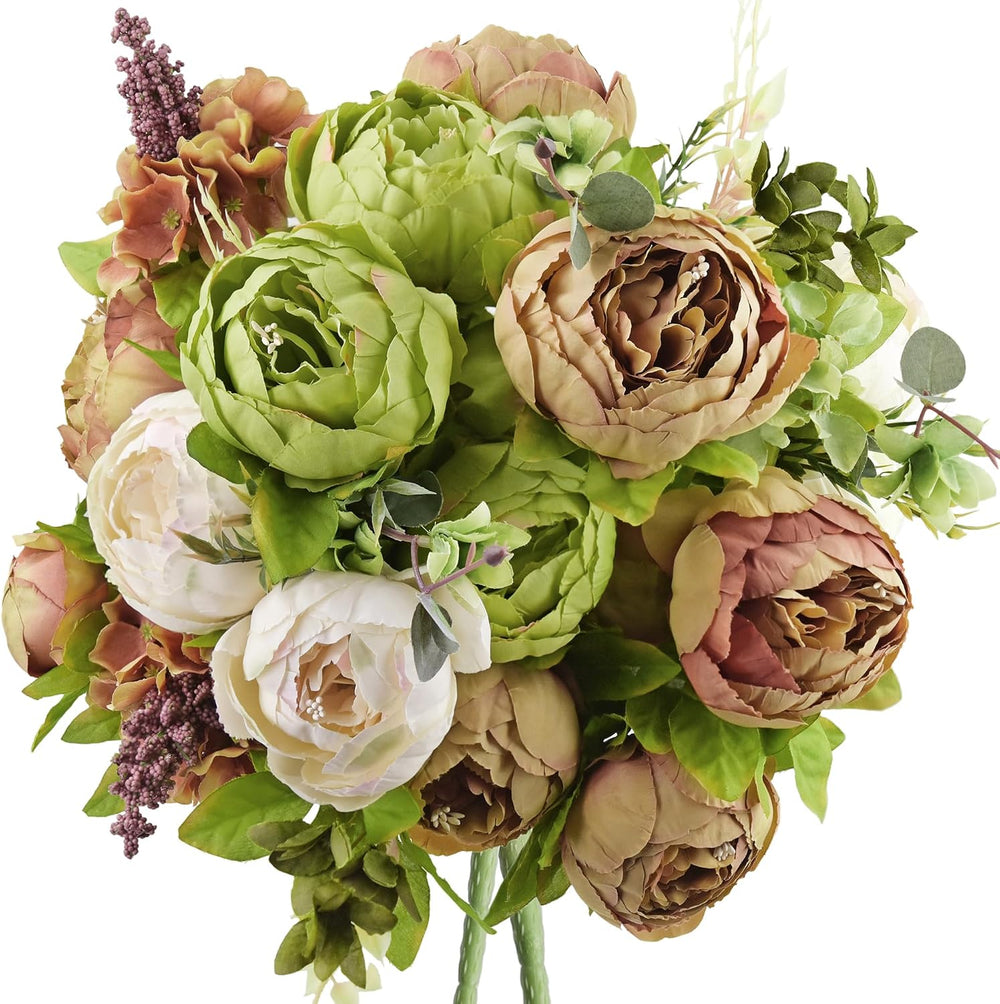 FiveSeasonStuff Rustic Brown, Beige & Green Artificial Peony Set of 2