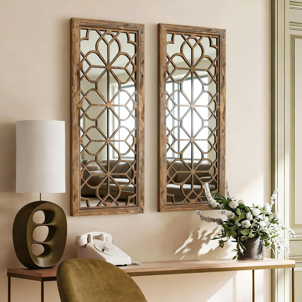 Set of 2 13x30 Inch Large Maroon Shatterproof Carved Floral Wood Frame Wall M...