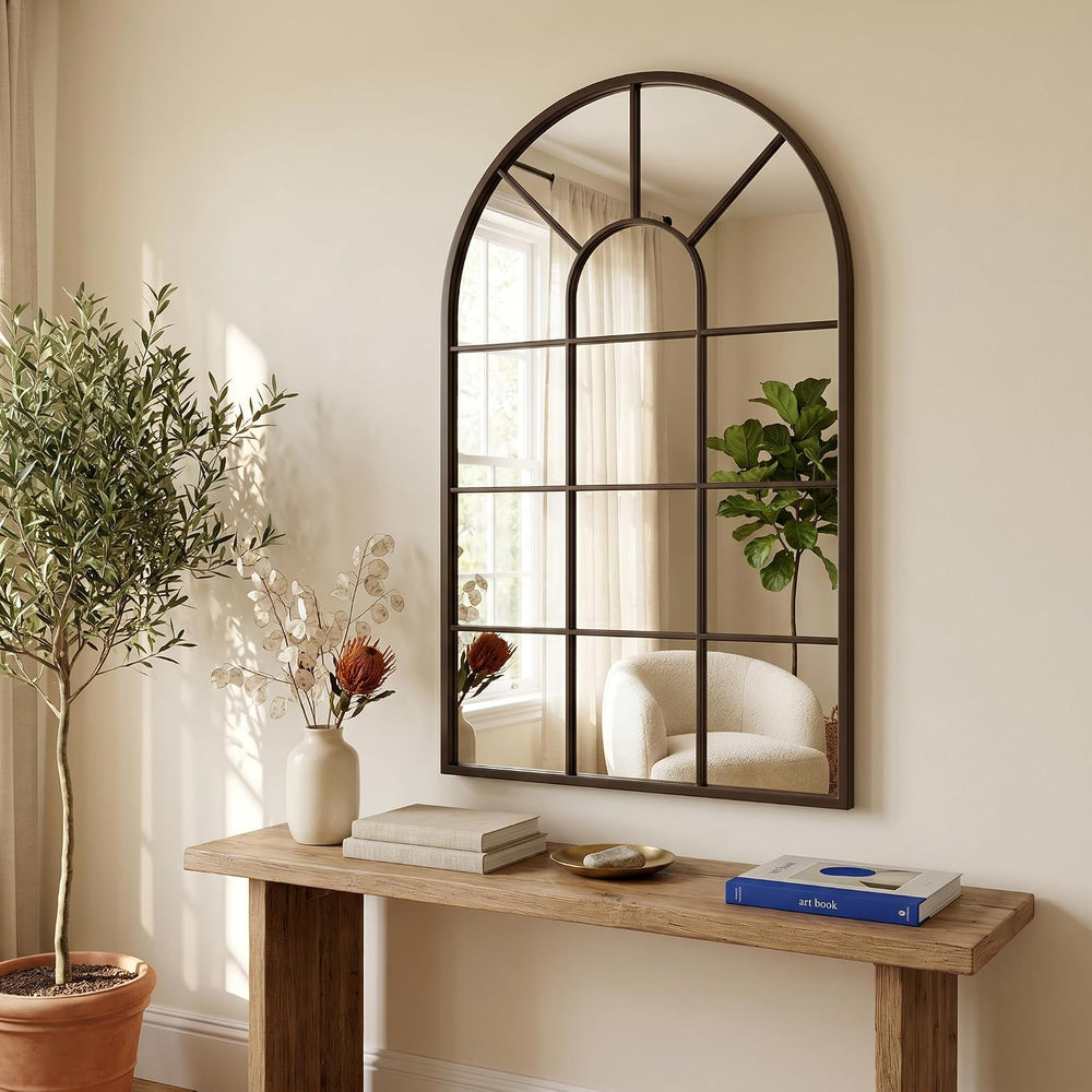 Brown Arched Windowpane Mirror 32x20 Inch, Bathroom Mirror Vanity Mirror for ...