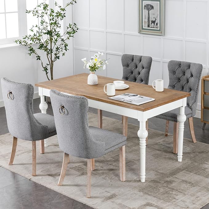 Dining Chairs Set of 6, Upholstered Tufted Linen Fabric Dining Room Chairs wi...