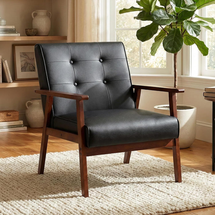 STHOUYN Black Leather Accent Chair, Waiting Chair with Wooden Arms