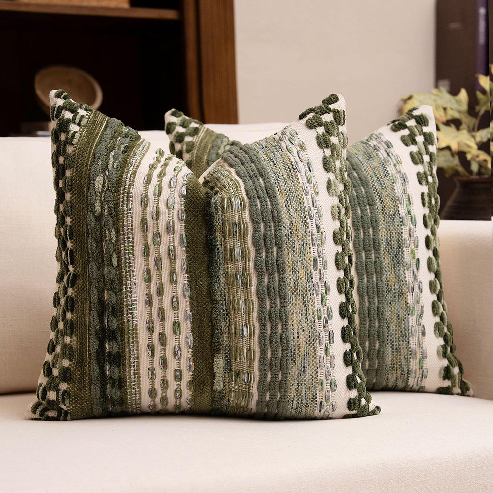 Boho Chenille Tufted Throw Pillow Covers 18x18 Inch Set of 2 Farmhouse Green ...
