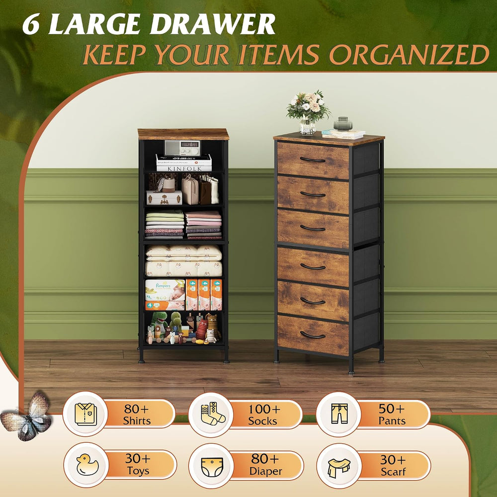 WLIVE Tall Fabric Dresser for Bedroom, 6 Drawers Storage Cabinet, Brown