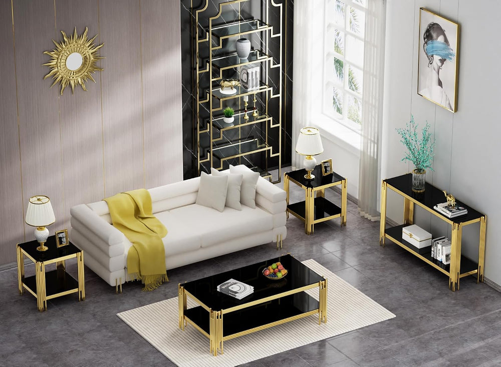20” Square Glass End Table, 2-Tier Side Table with Black Tempered Glass Top G...