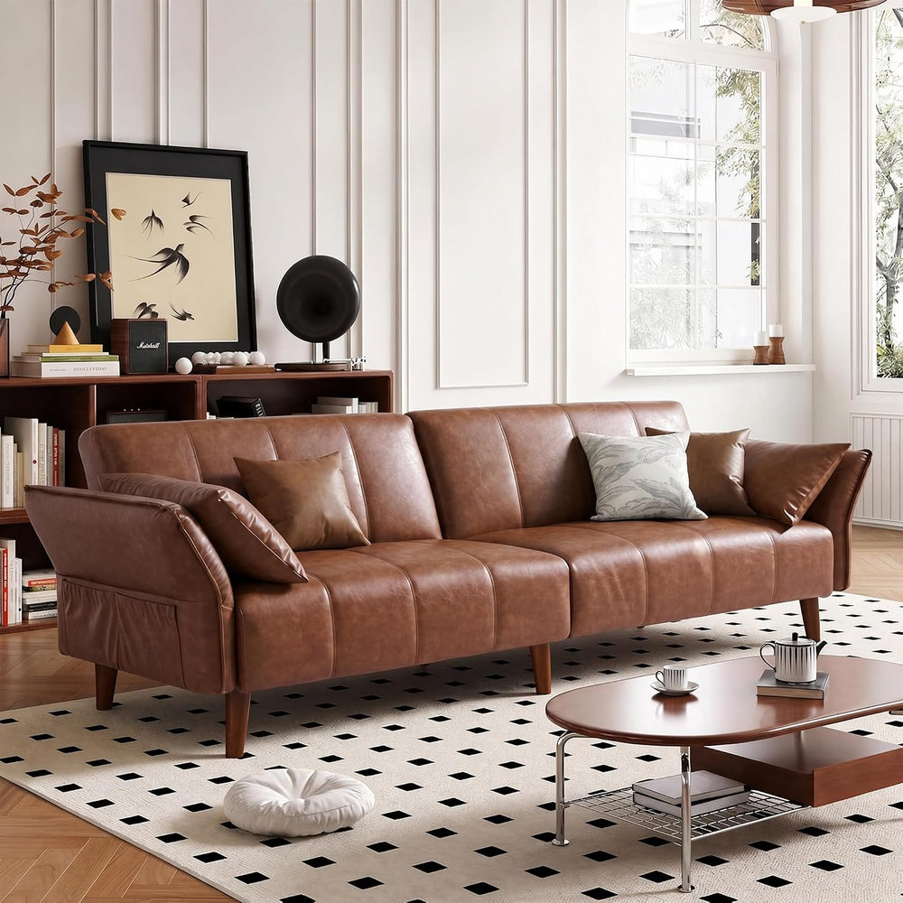 77" Faux Leather Couch, Leather Loveseat Futon Sofa Bed, Brown