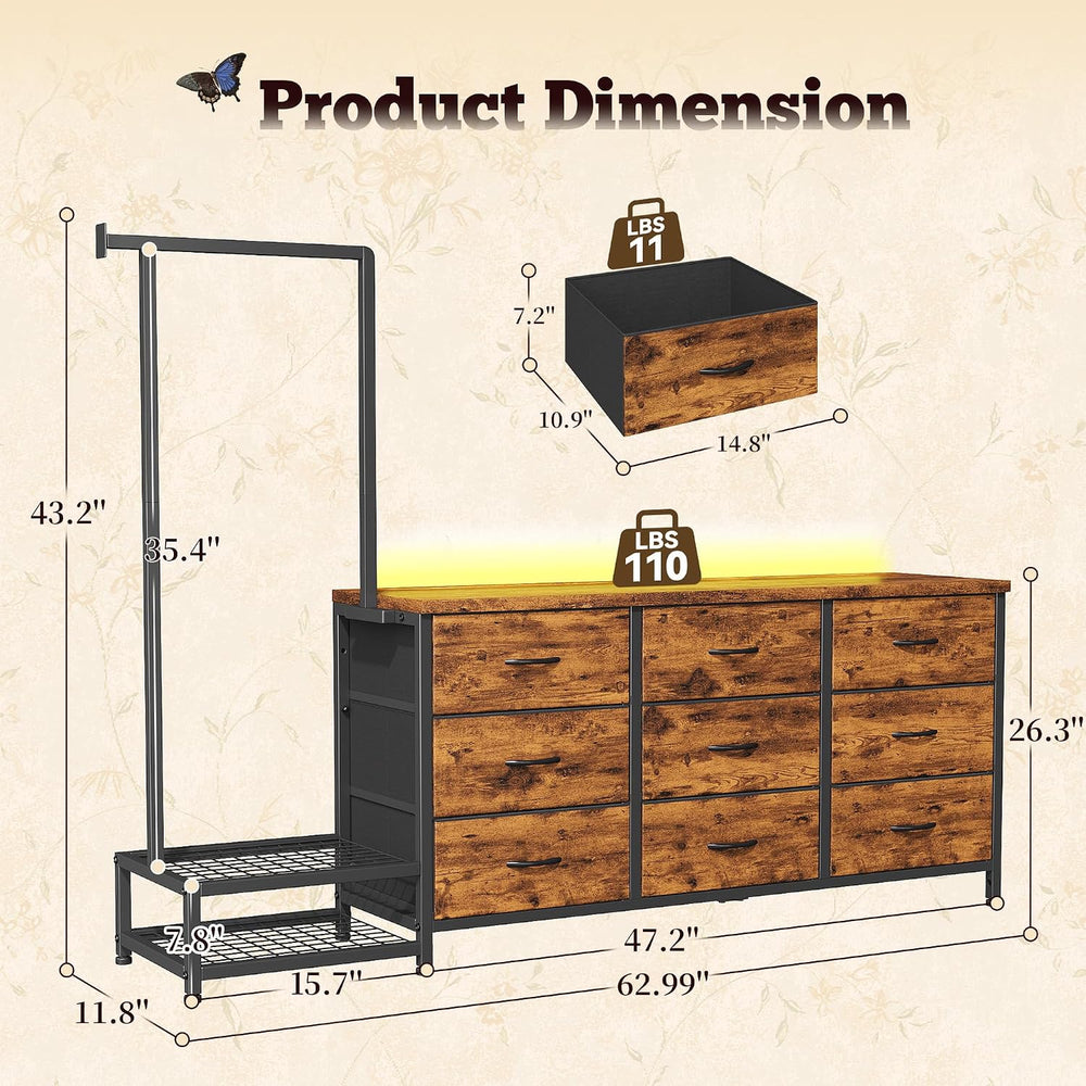 9-Drawer Dresser with Extendable Hanging Rack & LED Lights, Brown