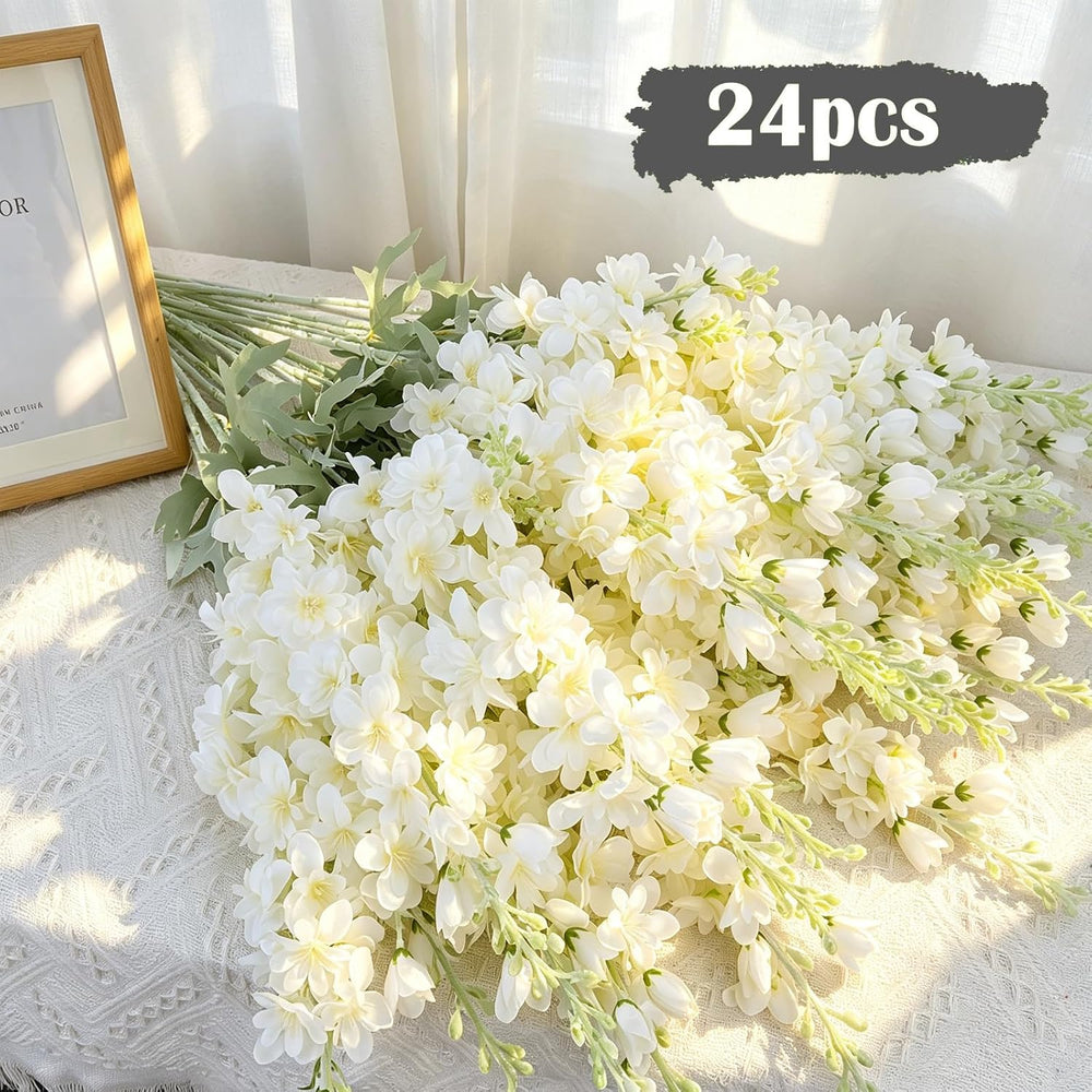 24Pcs White Delphinium Artificial Flowers Bulk 33.5" Long Stem White Flower