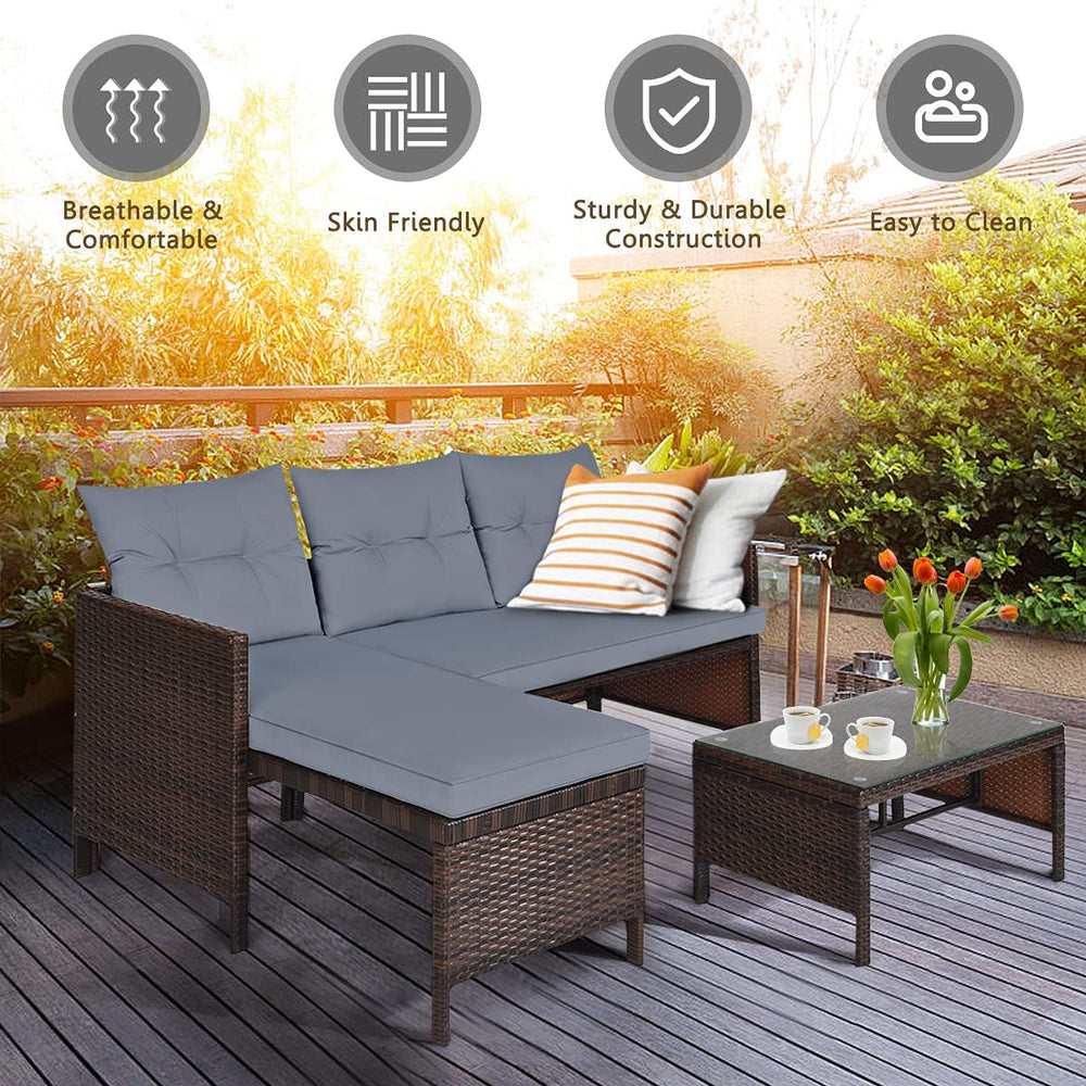 HAPPYGRILL 3 PCS Patio Conversation Set Sectional Rattan Wicker Sofa Set with...