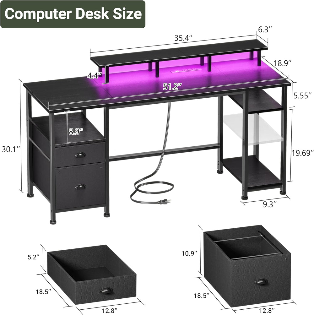 Furologee 51" Gaming Desk with Power Outlets & LED Lights, Reversibl...