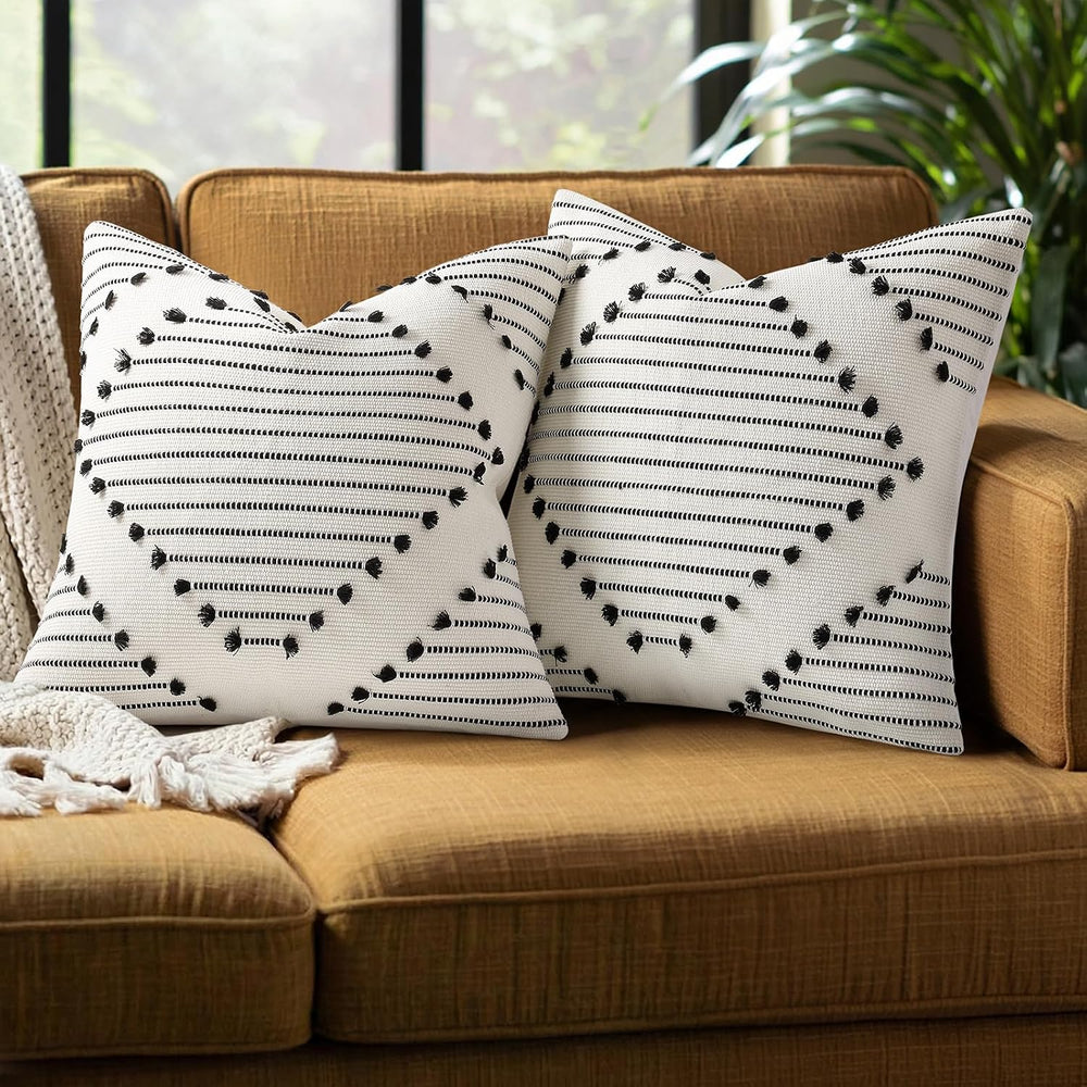 Mecatny Boho Outdoor Throw Pillow Covers 20x20 Set of 2 Black & Cream White