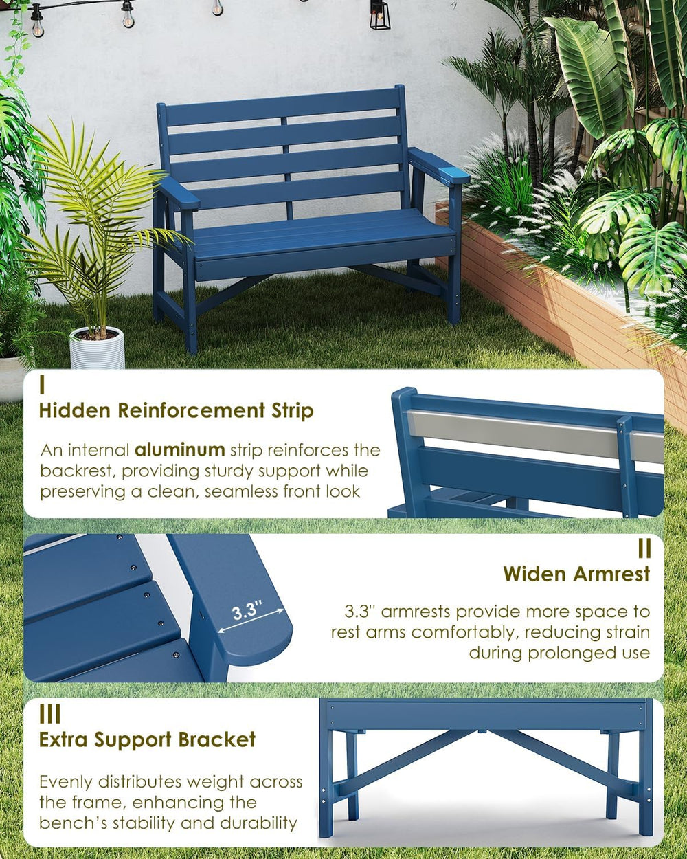 GREENVINES Outdoor Bench, 2-Person HDPE Garden Benches, Blue