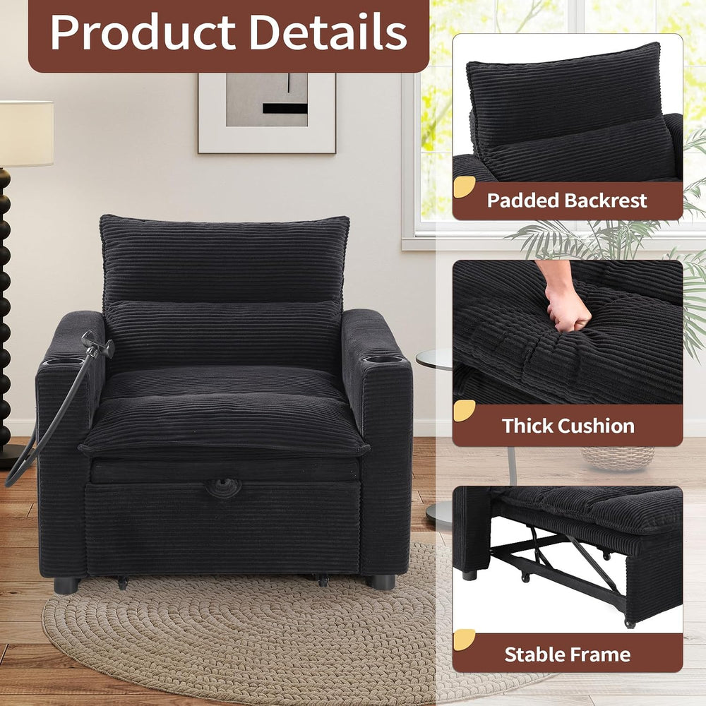 Corduroy Sleeper Sofa Bed with Cup Holders, 3-in-1 Convertible Pull Out Futon...