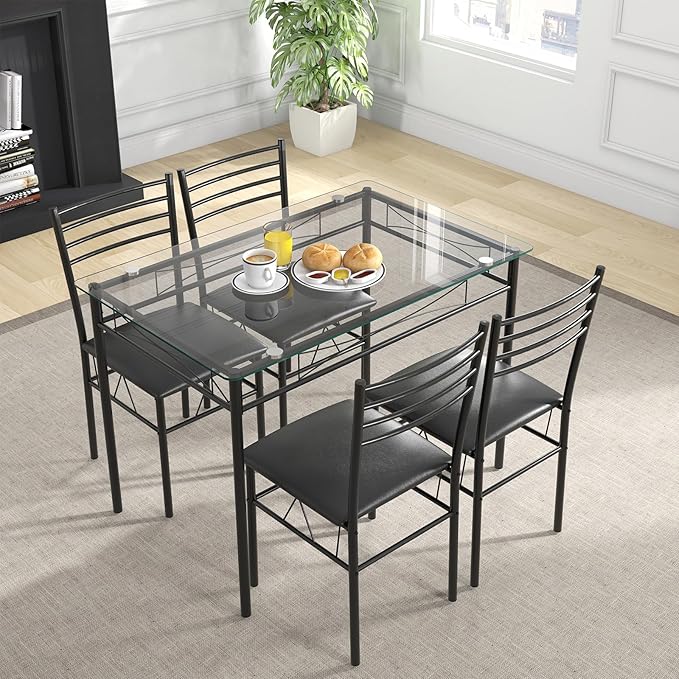 Giantex 5 Piece Dining Table Set, Kitchen Dining Set with Tempered Glass Tabl...