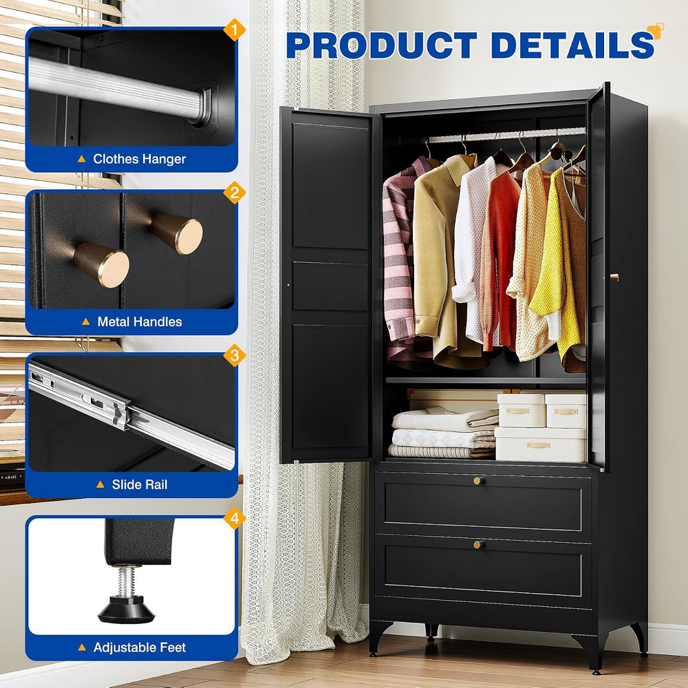 BYNSOE 71" Tall Metal Wardrobe Closet with 2 Drawers, Steel Armoire Cabi...