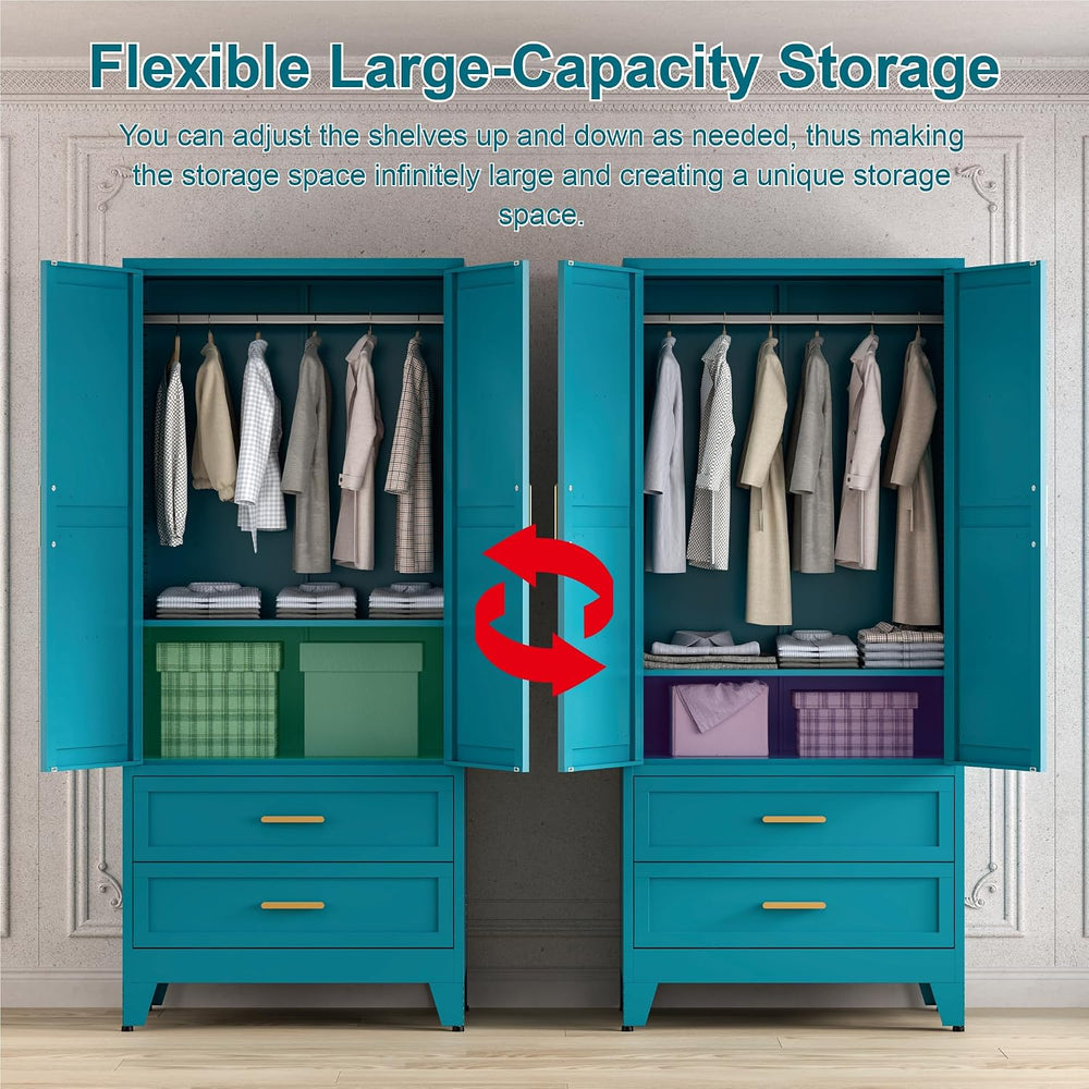 71'' Farmhouse Metal Wardrobe Cabinet with Hanging Rod, 2 Barn Door W...