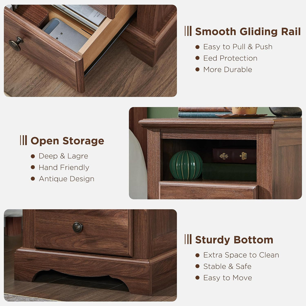 T4TREAM 18" Vintage Nightstand with Charging Station, Light Walnut