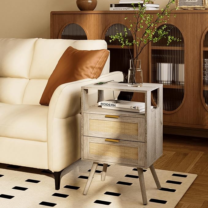 Rattan Nightstand with Charging Station,Farmhouse Bedside Table with 2 Storag...