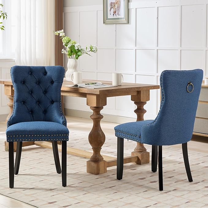 Blue Dining Chairs Set of 2, Upholstered Tufted Linen Fabric Dining Room Chai...
