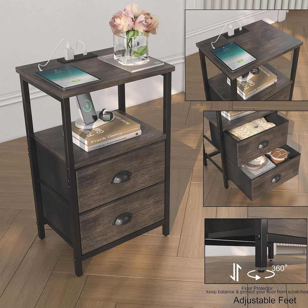 sthmec Nightstand with Charging Station, LED Night Stand Set of 2, Bedside Ta...