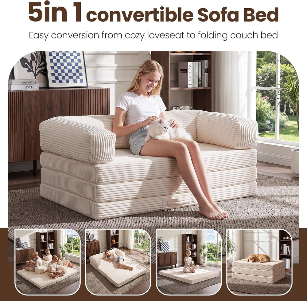 5-in-1 Convertible Sofa Bed,60" Boneless Couch with Pull Out Bed,Tri-Fol...