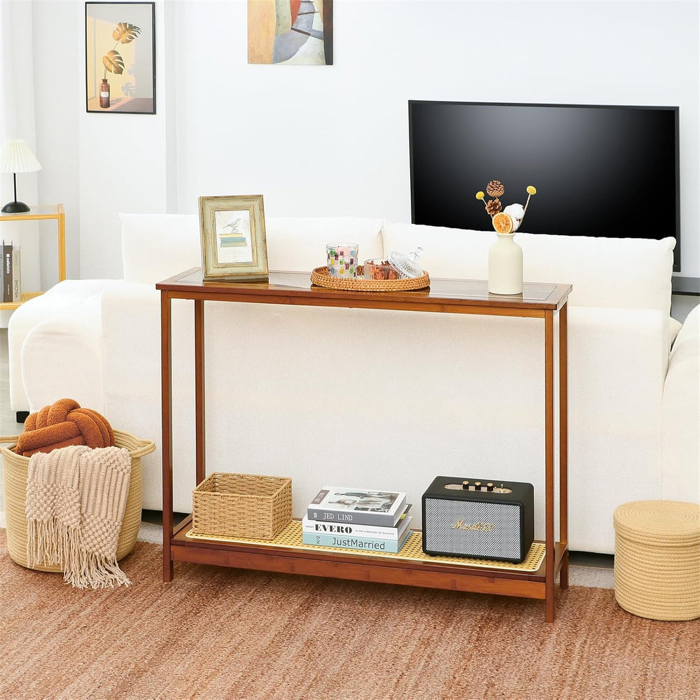 Bamboo Narrow Console Table, 39.4"(L) Wood Small Entryway Table with Rat...