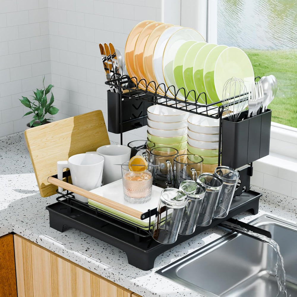 2-Tier Dish Rack with Drainboard: Large Capacity Anti-Rust Kitchen Counter
