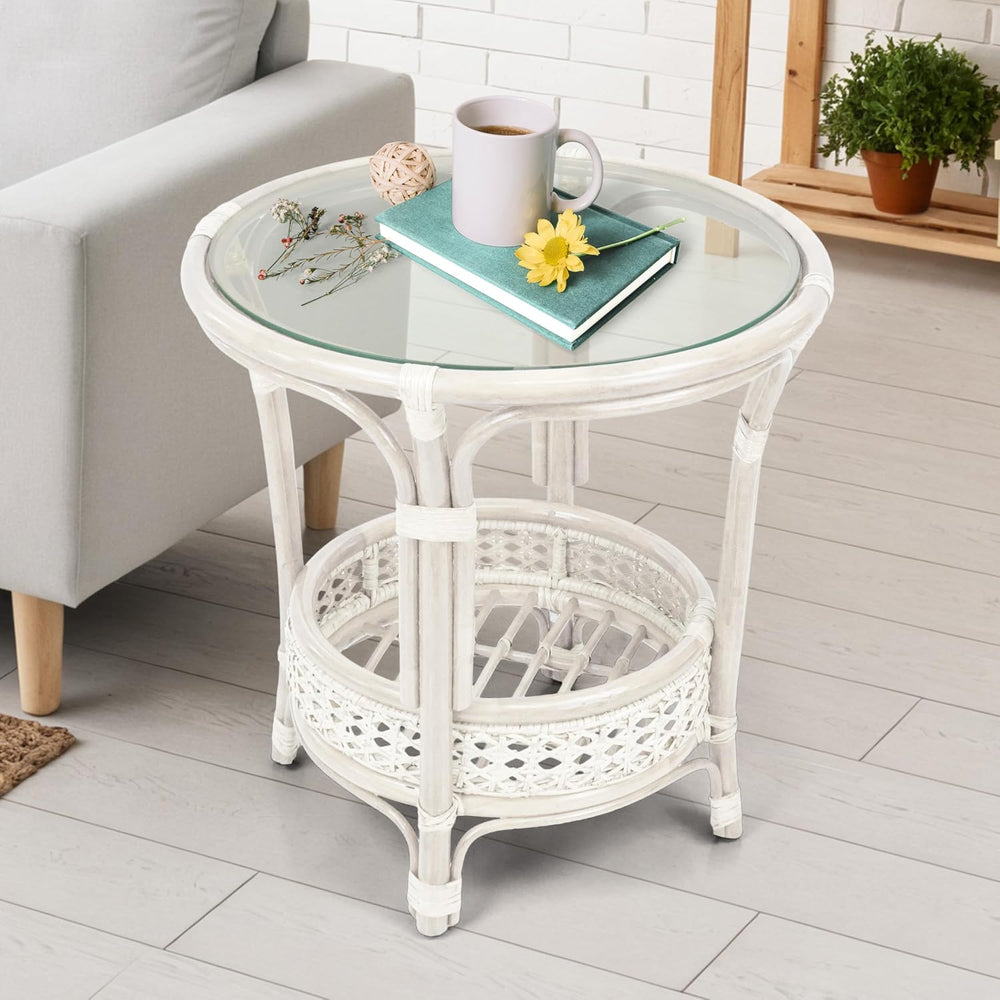 Pelangi Coffee Round Table White Color Handmade ECO Natural Rattan Wicker wit...