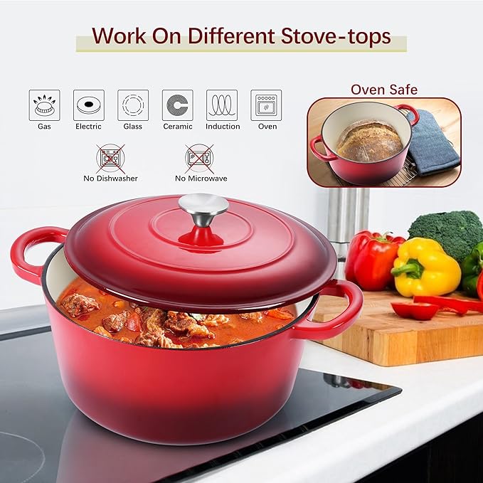 E-far Dutch Oven Pot with Lid, 5 Quart Enameled Cast Iron Round Dutch Oven