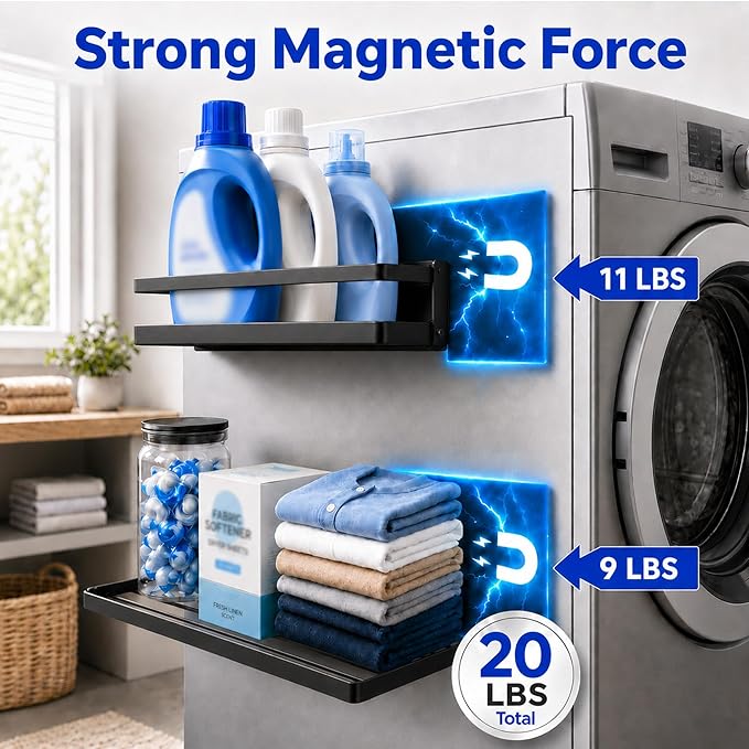 Magnetic Shelf for Washer Dryer, Foldable 2 Tier Metal Organizer Rack