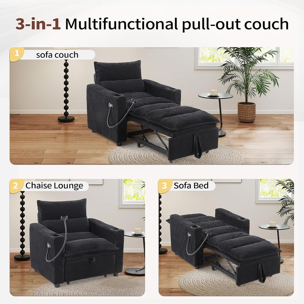 Corduroy Sleeper Sofa Bed with Cup Holders, 3-in-1 Convertible Pull Out Futon...