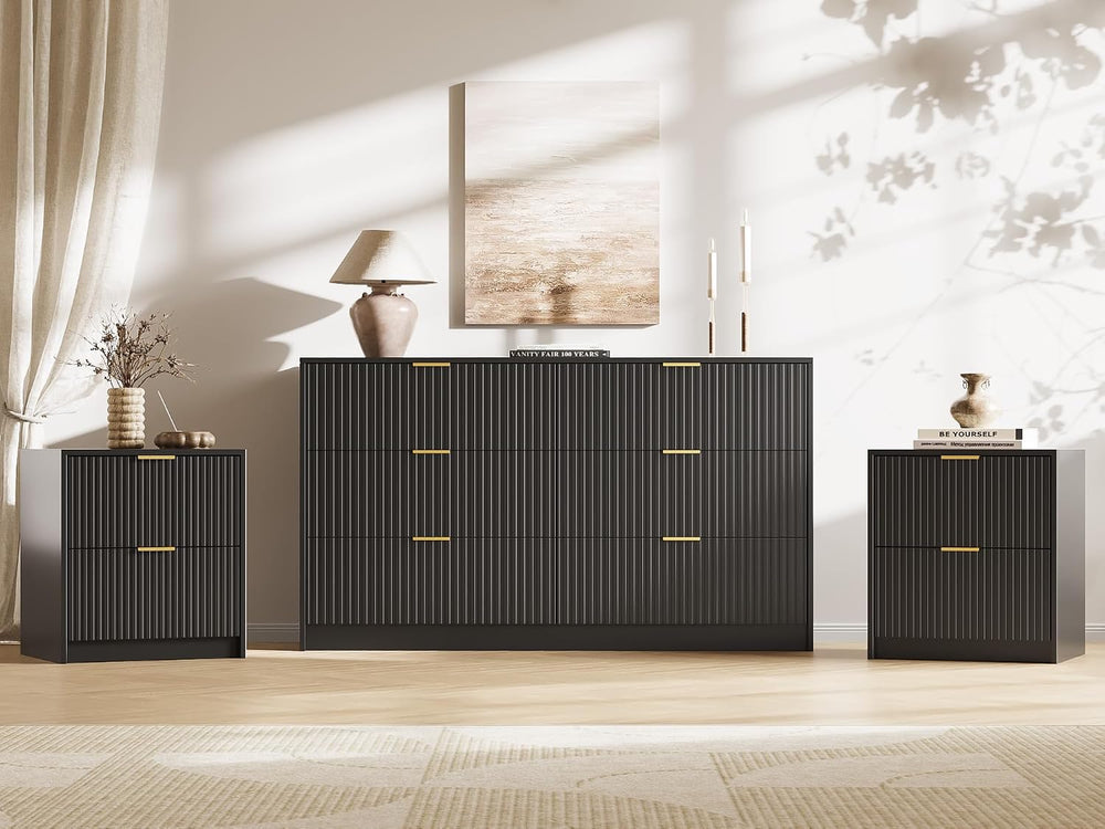 Black 3-Piece Bedroom Set, 6-Drawer Dresser & 2-Drawer Nightstands
