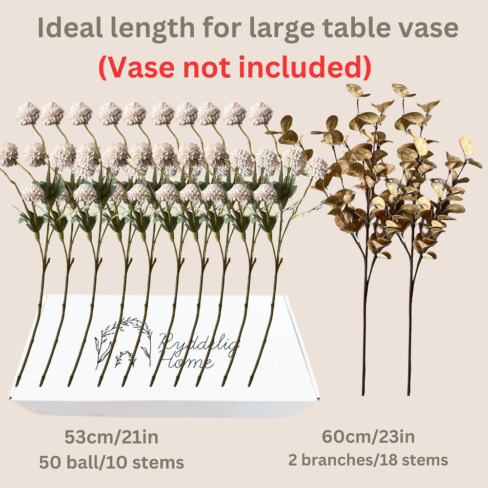 Artificial Flowers for Vase - 12 Stems Beige Faux Silk Mums with Eucalyptus