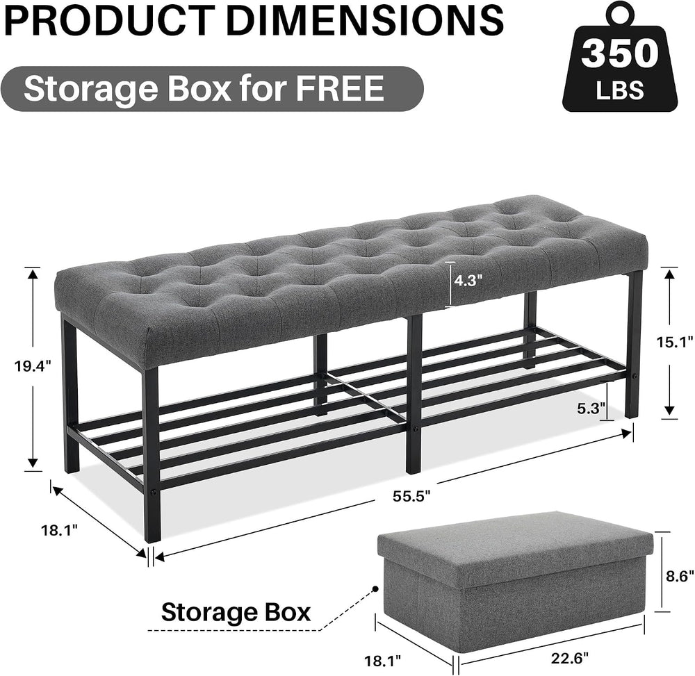 SOFTHION 55.5" End of Bed Bench, Linen Entryway Bench, Grey