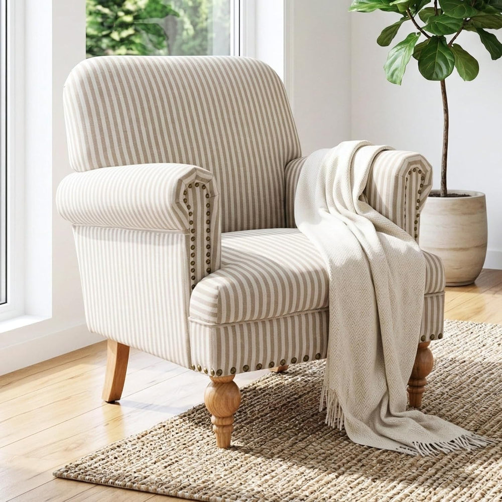 Khaki Striped Linen Fabric Accent Chair, Modern Farmhouse Upholstered Armchai...