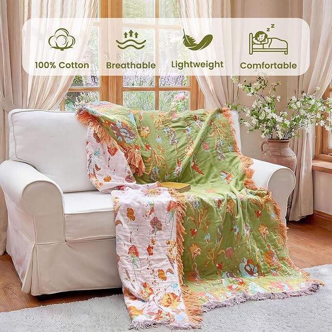 MSGKV Boho Throw Blanket 90"x108" Floral 100% Cotton Blanket