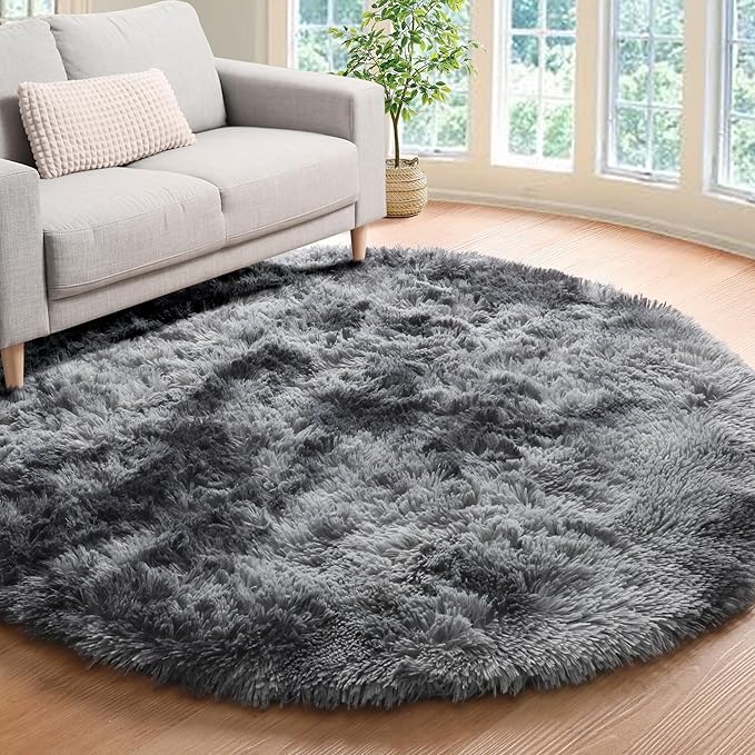ONASAR Round Rugs 6ft for Living Room Bedroom, Tie-Dyed Dark Grey Fluffy Circle