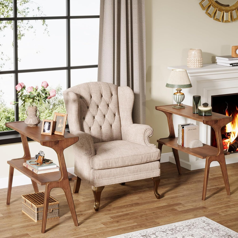 Tribesigns Solid Wood End Table, 2-Tier Farmhouse Side Table with Storage She...