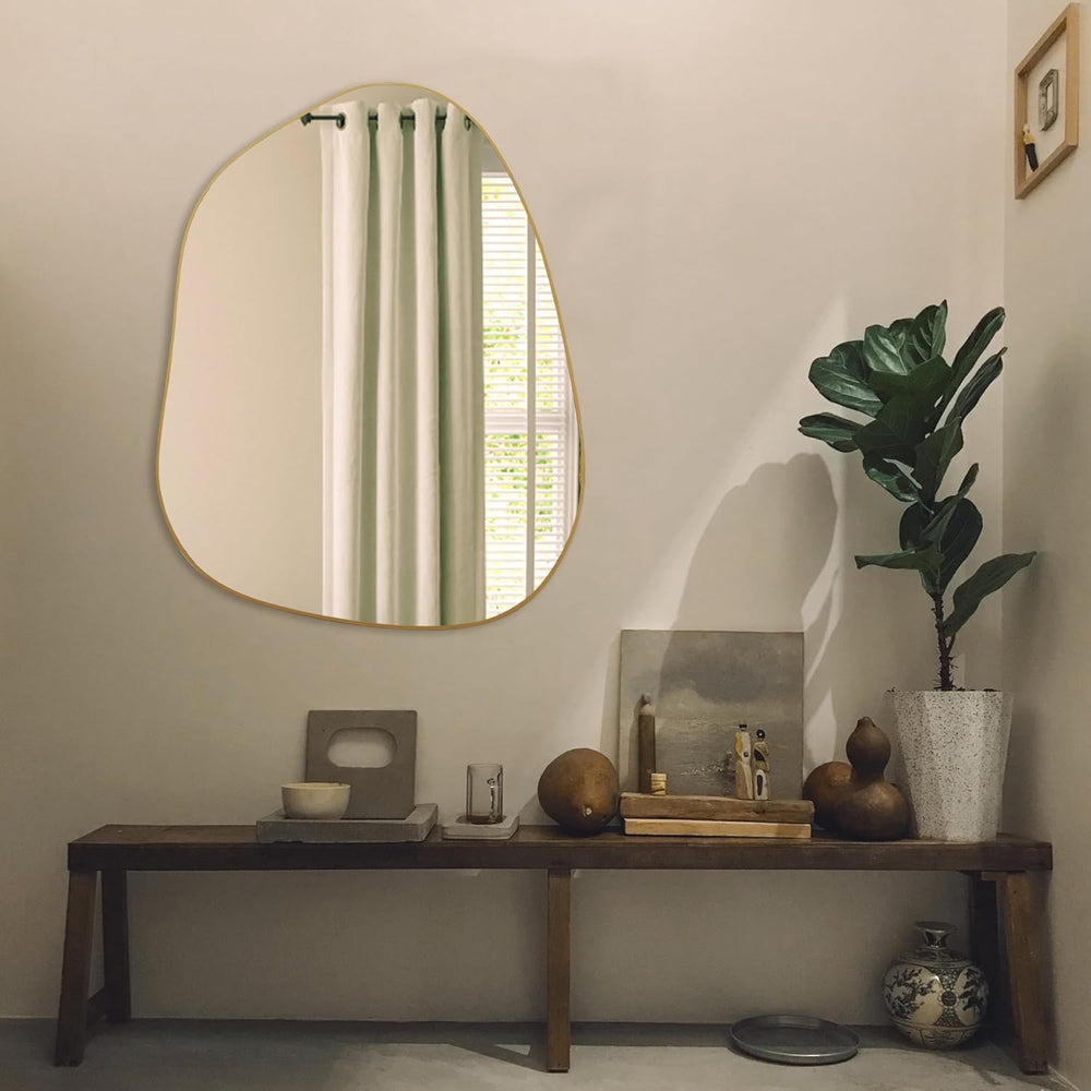PERFNIQUE Irregular Asymmetrical Wall Mirror, 32"x24" Gold Bathroom...