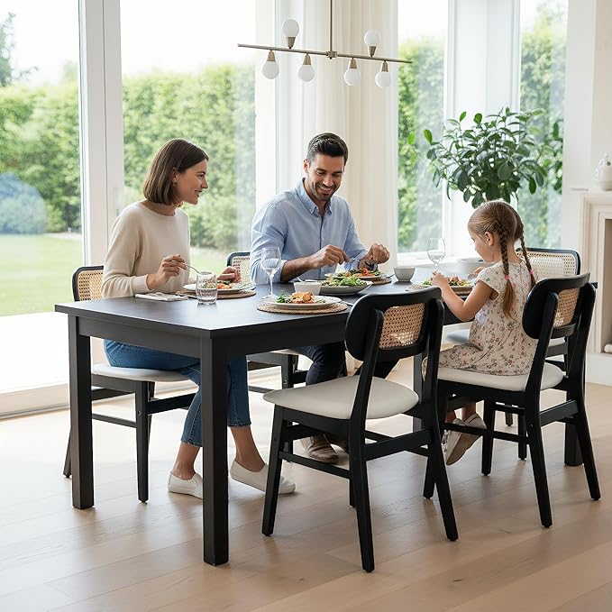 Rattan Dining Chairs Set of 4 Black Wooden Dining Room Chairs White Faux Leat...