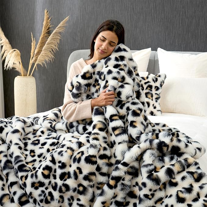 Cozy Bliss Leopard Print Faux Fur Throw Blanket