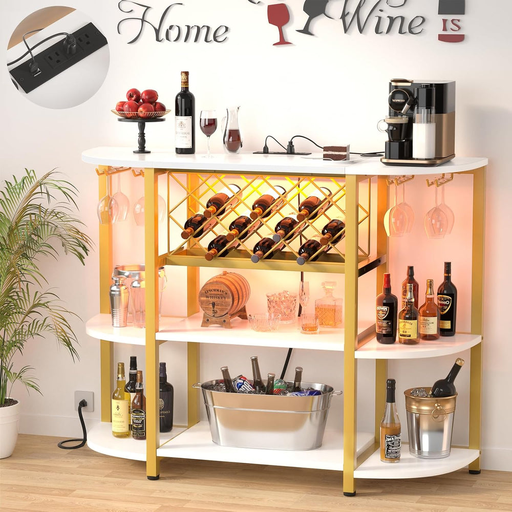 Unikito 4-Tier Coffee Bar Cabinet with Outlet, LED Light & Glass Holder |...