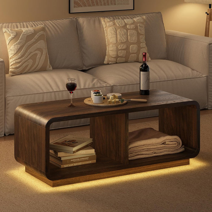 LYNSOM 47" Mid Century Modern Coffee Table,2-Tier Center Table with Curved Profile Design & Independent Compartments,Wooden Rectangular Table with LED Light Strip for Living Room,Office,Dark Brown