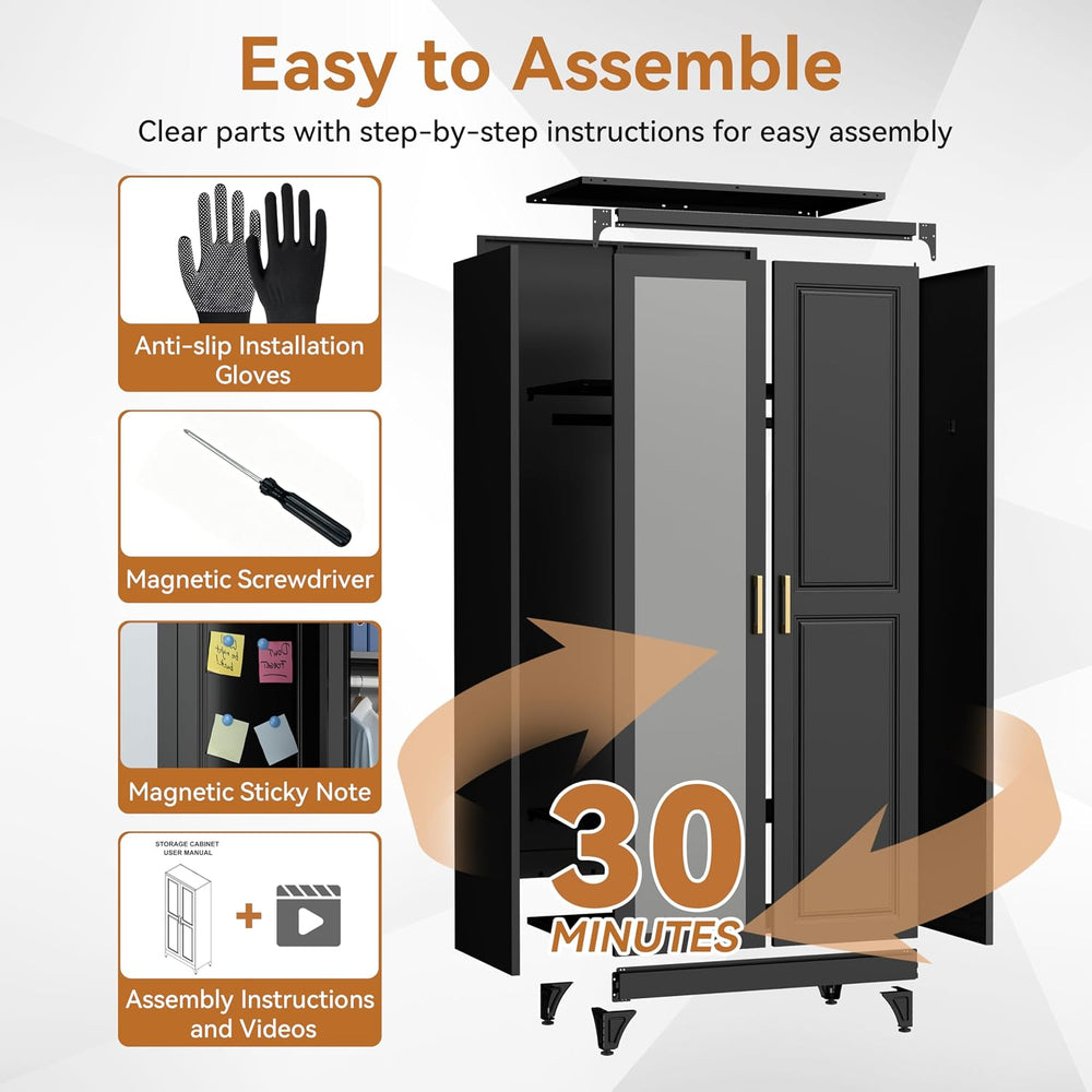 Metal Armoire Wardrobe Closet with Mirror, 71" Tall Black Cabinet