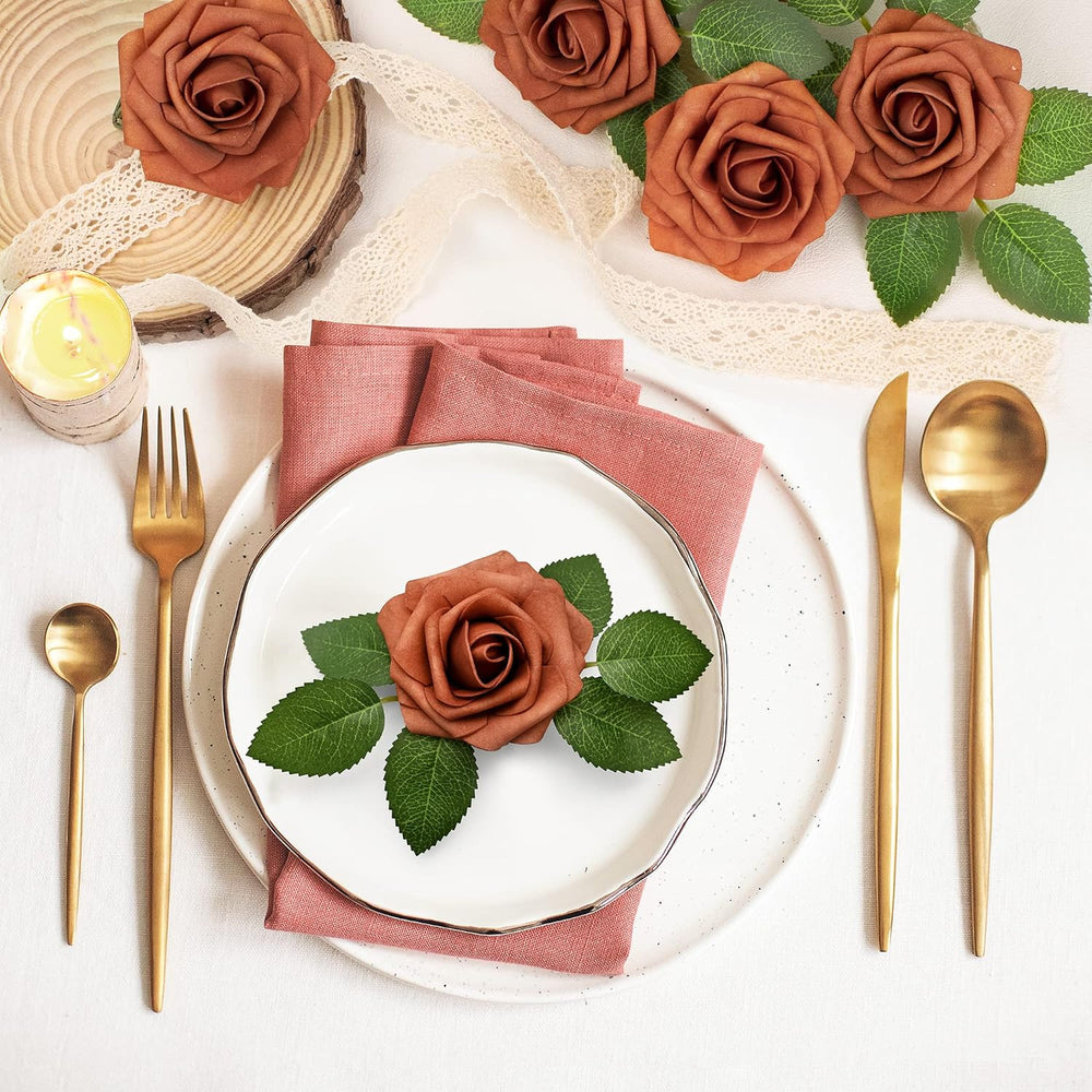 Mocoosy 50Pcs Burnt Orange Roses Artificial Flowers, Rust Fake Rose for Decor...