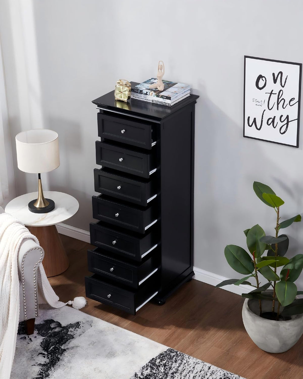 Tall Skinny Dresser for Bedroom with 7 Drawers, Black Narrow Wood Dresser
