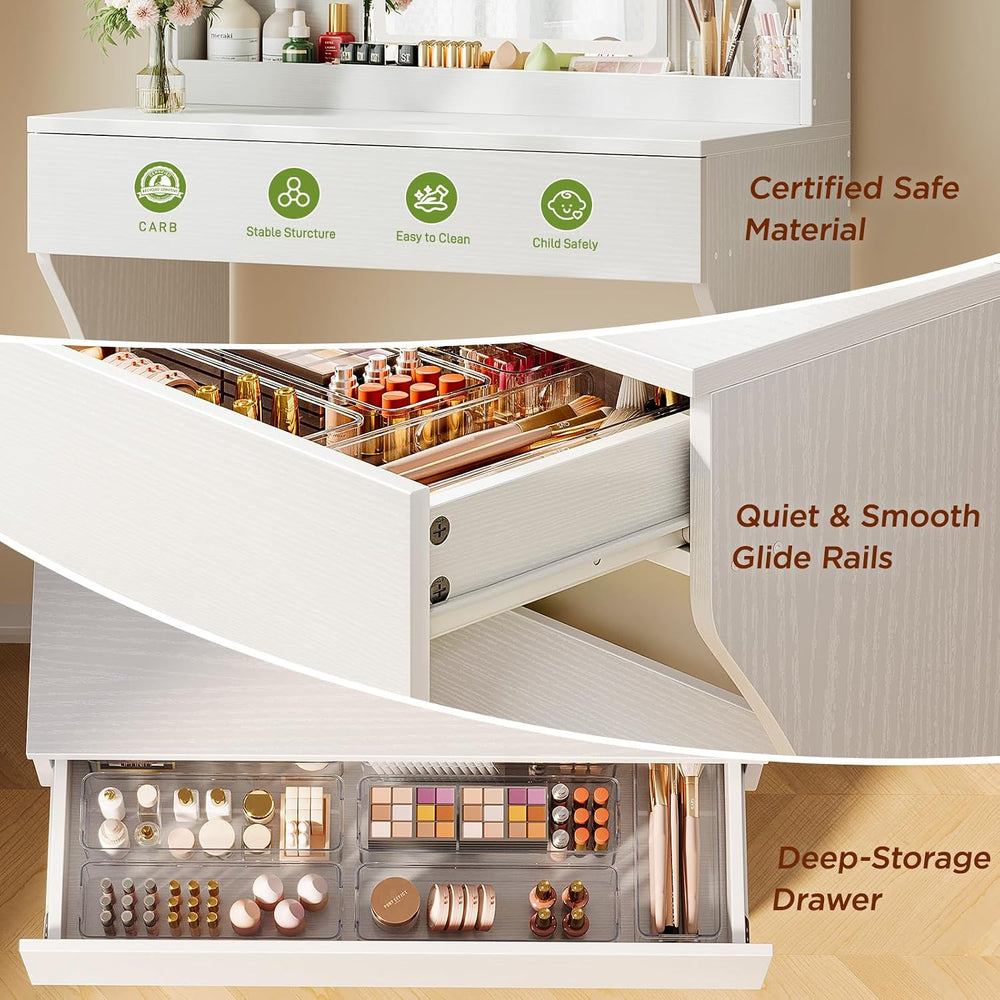 White Small Lighted Makeup Vanity Desk with Multi-Layer Storage | 3 Adjustabl...