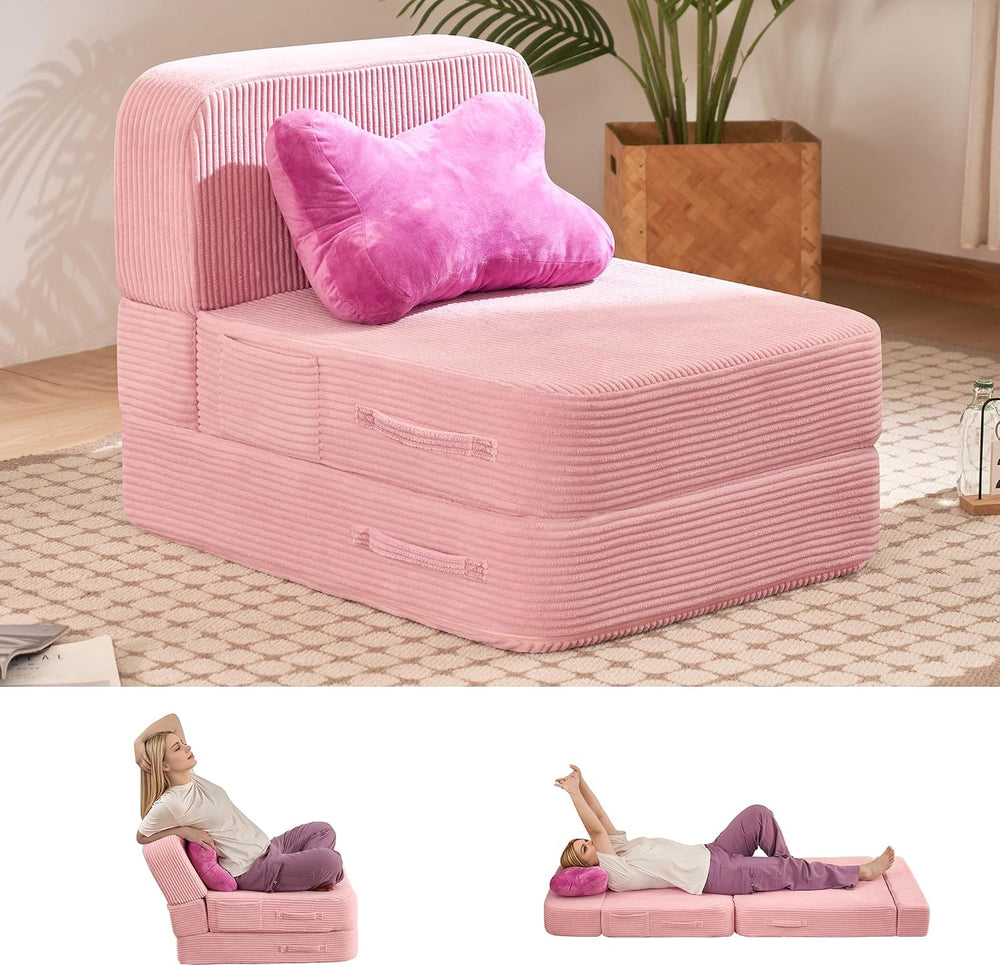 Folding Convertible Sofa Bed, Sleeper Chair for Guest, Single, Pink