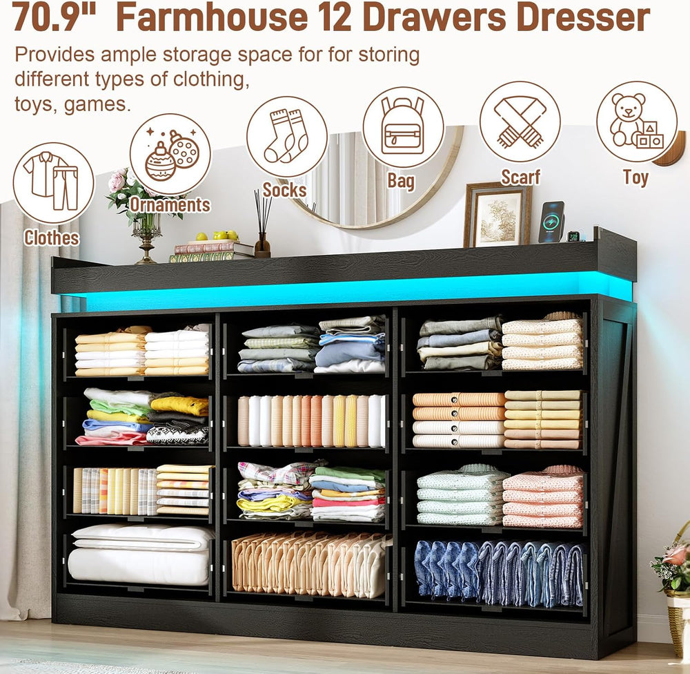 71" Wide 46" Tall Large Farmhouse 12 Drawers Dresser for Bedroom (B...