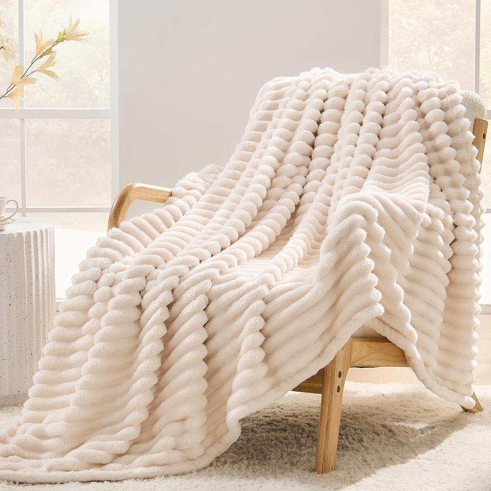 330GSM Ribbed Fleece Queen Blanket for Bed, Cream, 90"x90"